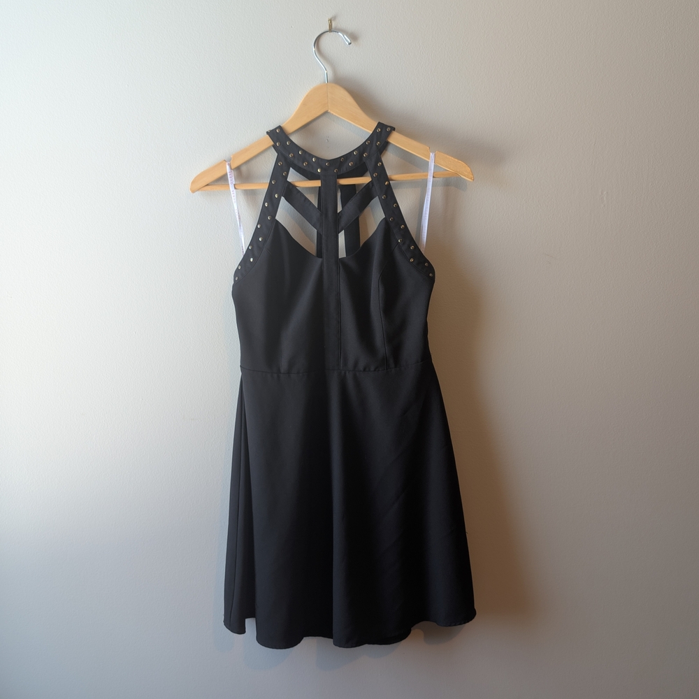 GUESS Black Studded Halter Fit-and-Flare Mini Dress